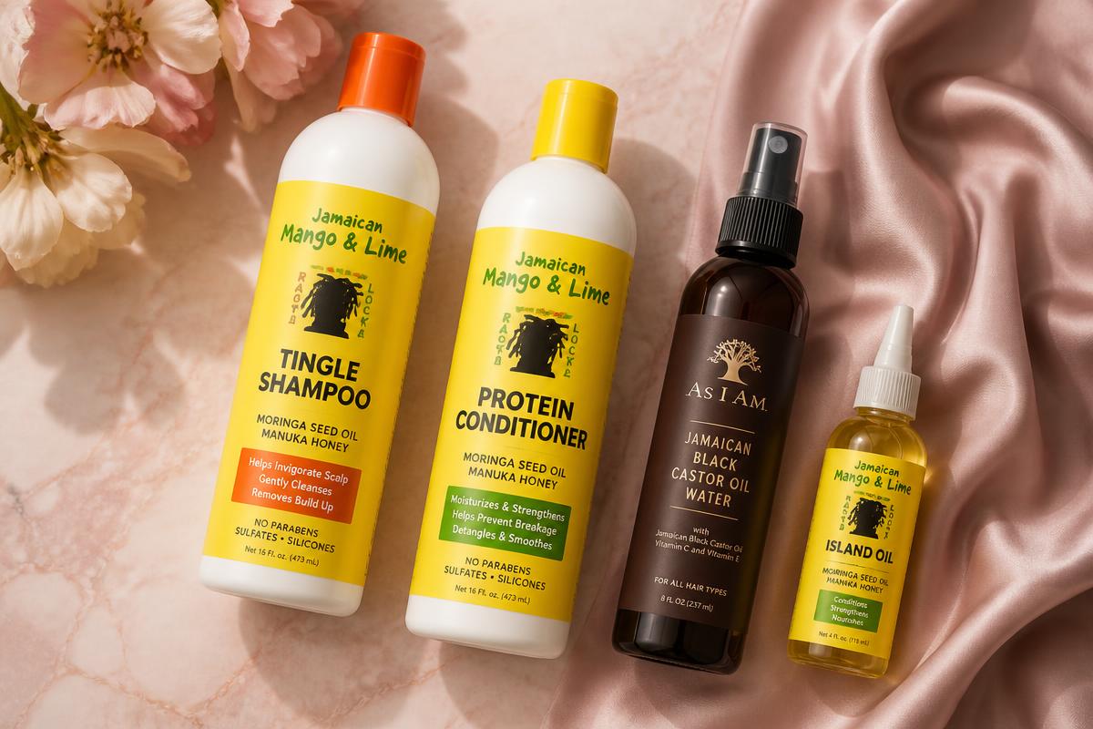 Flat lay av minimalistiske locs-produkter i myk rosa innpakning